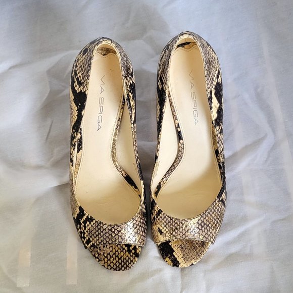 VIA SPIGA Brown Cream Gold Snakeskin Leather Peep Toe Pumps Heels 7 - Picture 3 of 4